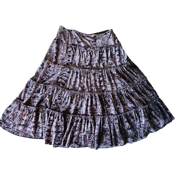 Vintage 80s Women Sz 12 Brown Crushed Velvet Tiered Layered Midi SKIRT - Picture 1 of 7